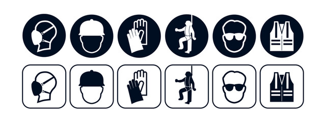 Set of safety equipment signs. Work safety icon. Essential construction and industry signs. Collection of safety and health protection equipment. Vector.
