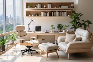 Cozy psychologist's office with sofa and armchairs and bright white interior. mental health. psychological help - obrazy, fototapety, plakaty