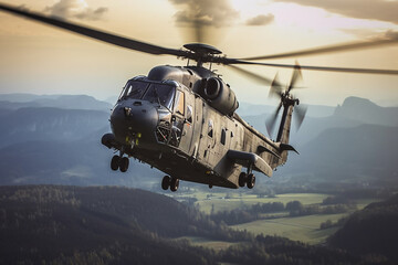 military helicopter in flight in the sky against the backdrop of mountains - obrazy, fototapety, plakaty