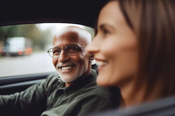 Happy bald man in glasses looking at woman driving car