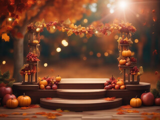  Empty product podium, autumn style decorations. mockup, thanksgiving