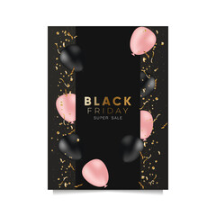 Black Friday sale banner with confetti, black and pink balloons on black background with square frame. Golden text