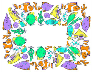Cute decorative frame with marine life. Colorful fish, algae, shells and corals. Inhabitants of the underwater world. Vector illustration in doodle style.