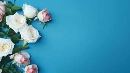 Flowers composition. Rose flowers on blue background