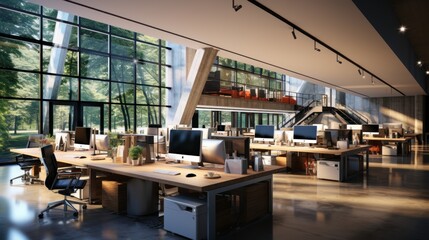 Modern open space office with no employees in luxury building. Wooden floor, large desks, office chairs, desktop computers.Stairs to the upper level. Glass walls with park view. Interior design.