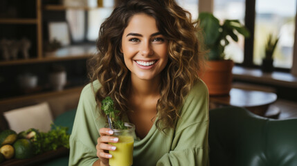 Portrait of smiling young woman holding glass of vegetable home made smoothie at home.