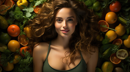 Fototapeta na wymiar Beautiful young woman surrounded by fresh fruits and vegetables. Healthy lifestyle concept.