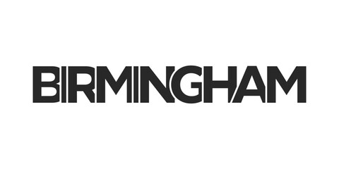 Birmingham city in the United Kingdom design features a geometric style illustration with bold typography in a modern font on white background.