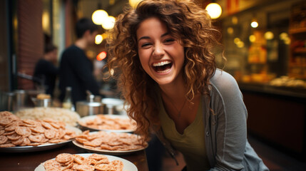 Beautiful young laughing woman eating cookies in a cafe in Paris, France. - obrazy, fototapety, plakaty