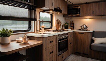 Cozy kitchen interior in the trailer of a mobile home