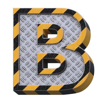 Industrial black and yellow striped metallic font, 3d rendering, letter B