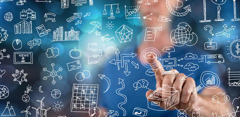 Man touching business doodles