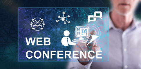 Man touching a web conference concept