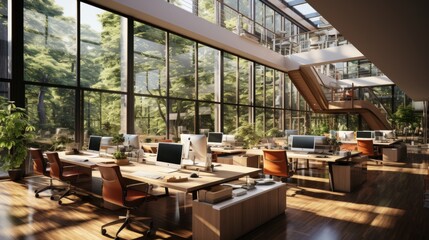 Fototapeta premium Modern open space office with no employees in luxury building. Wooden floor, large desks, office chairs, desktop computers.Stairs to the upper level. Glass walls with park view. Interior design.