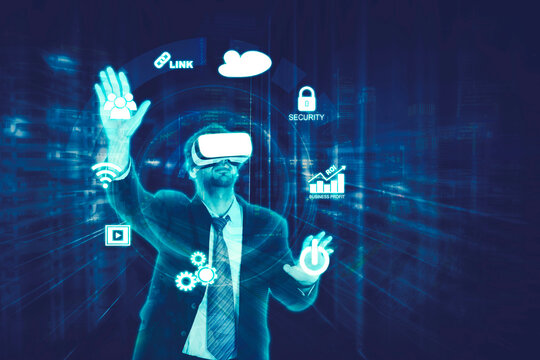 businessman in headset over black background with virtual screens