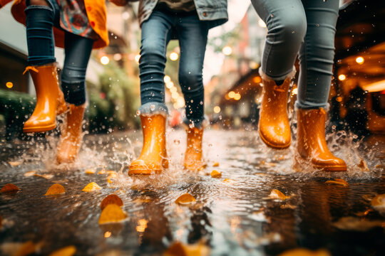 Low angle view of kids feet running in the puddle with fallen leaves, feelings of joy and happyness