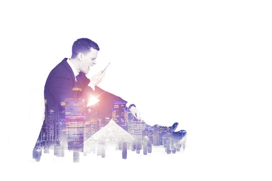 angry businessman talking on smartphone with a city background - Powered by Adobe
