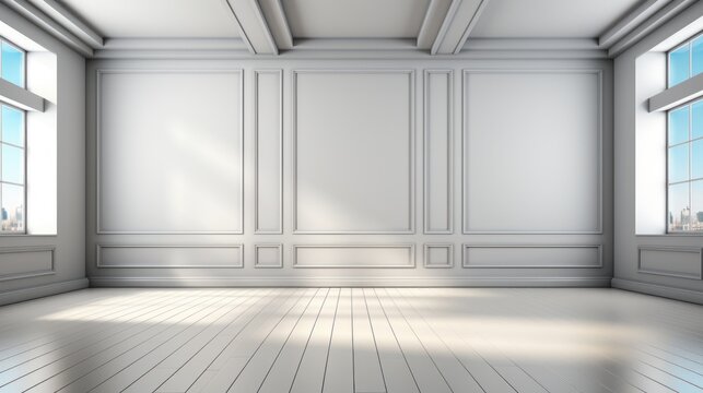 Interior of luxury empty open space office area in classic style. White walls, tile floor, ceiling with caissons, large windows with urban landscape view. Template, 3D rendering.