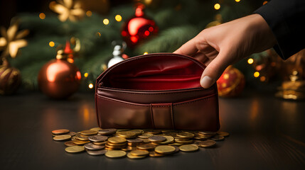 Brown empty wallet. The concept of overspending on Christmas gifts