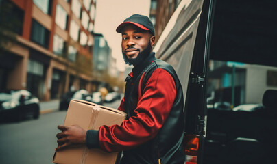 Delivery truck driver carefully carrying a package