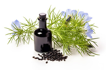 Nigella sativa - black caraway or black cumin in full bloom with seeds and blue flowers and cold pressed oil in a dark glass bottle on isolated pastel white background. Medicinal herb concept. 