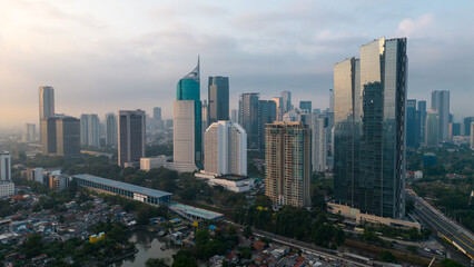 Fototapeta na wymiar Aerial photo of iconic BNI 46 Tower with located in South Jakarta Central Business District