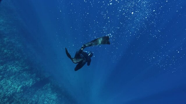 Underwater Slow Motion Footage of Free Diver Exploring Deep Ocean. Free Diving Recreation Sport.