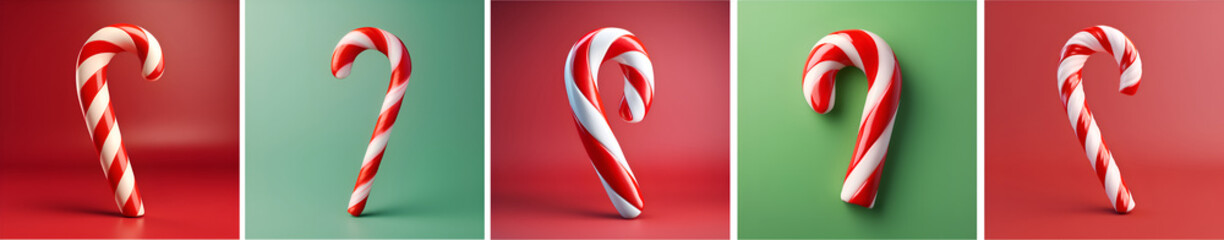 Set of christmas canes. 3D Christmas candy cane renders in white, red and green colors. Variety of candy canes on different backgrounds. Xmas banner. Happy new Year and Merry Christmas celeblation - Powered by Adobe
