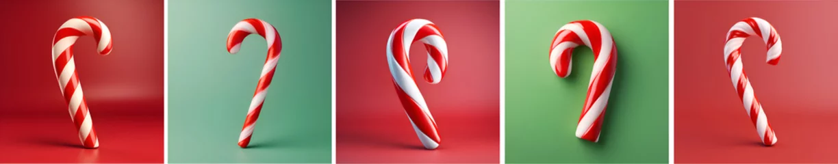 Foto op Canvas Set of christmas canes. 3D Christmas candy cane renders in white, red and green colors. Variety of candy canes on different backgrounds. Xmas banner. Happy new Year and Merry Christmas celeblation © Alina