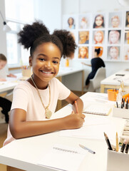 A 10-year-old afro-american girl sits at a desk in a white sunny classroom in a European 
learning center