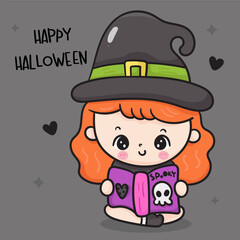 halloween girl cartoon child read spooky book kawaii card