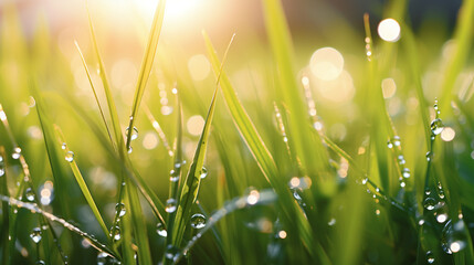 Fototapeta premium close up of green grass with dew and morning sun