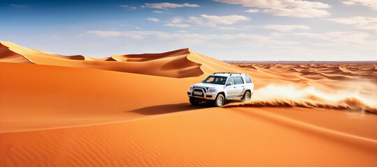 Fototapeta na wymiar White 4wd vehicle driving over orange dunes in desert, aerial view. Generative AI