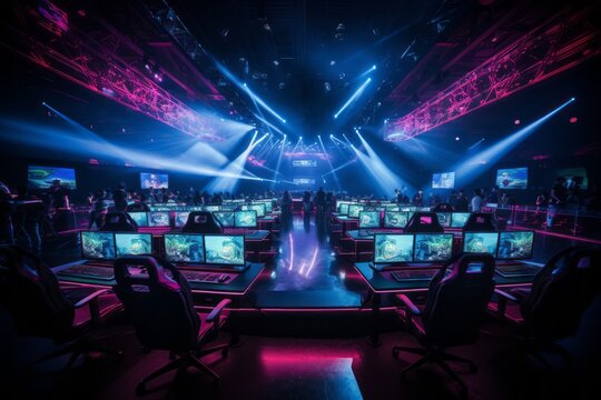 Esports Arena With Rows Of Computers, Generative AI