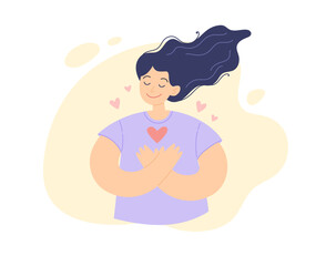 Self help concept. Young positive woman with her hand on the chest swith heart, gratitude and peace, flat cartoon vector illustration.
