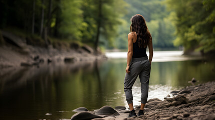 A woman in sport outfit stands by a quiet river, gazing at their reflection as they contemplate the passing year.