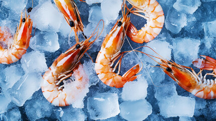 Top view of raw whole king prawns on ice. Seafood background. Generative AI - obrazy, fototapety, plakaty