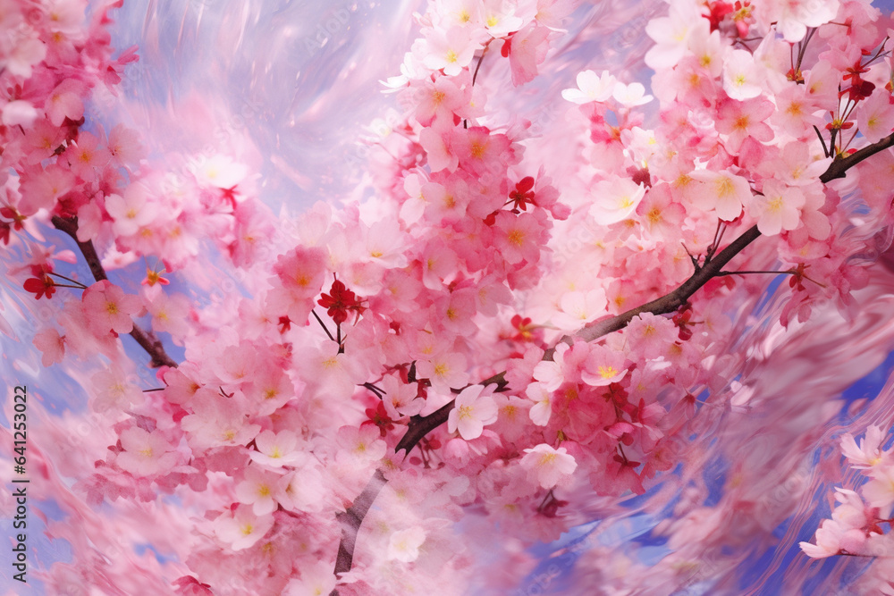 Poster an abstract representation of cherry blossoms in vibrant hues of pink and white, with flowing lines 