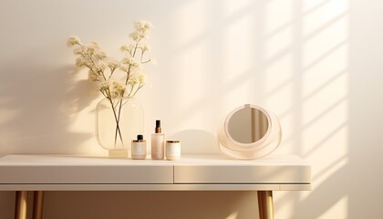Modern Minimal Beige Dressing Table with Gold Handle Drawers
