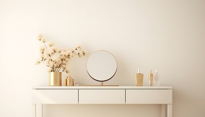 Modern Minimal Beige Dressing Table with Gold Handle Drawers