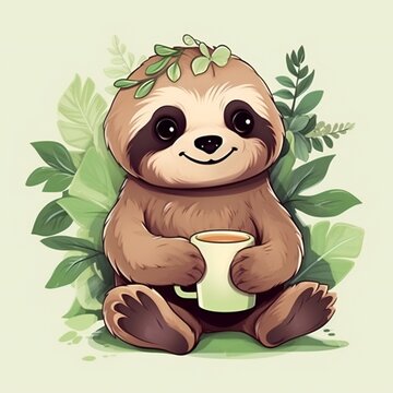 cute sloth with cup ,The relaxed and calm nature of these creatures