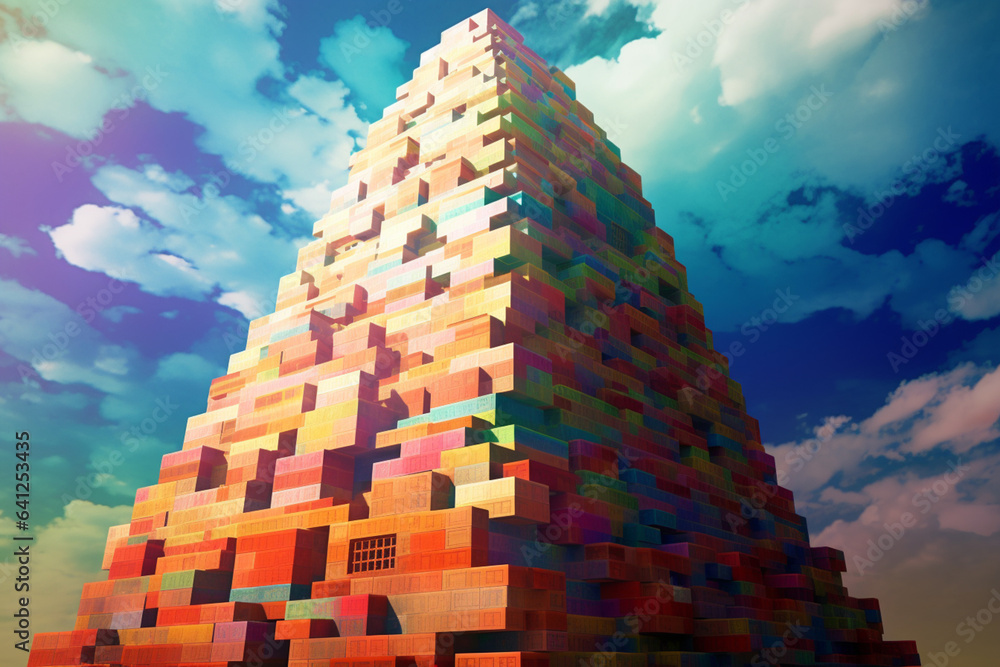 Aufkleber an abstract representation of the famous tower of babel, with soaring geometric shapes and vibrant c