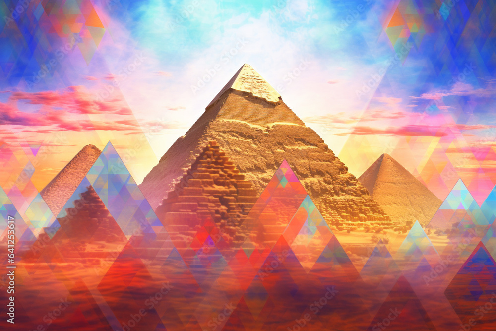 Poster an abstract representation of the iconic pyramids of ancient egypt, with vibrant colors and geometri