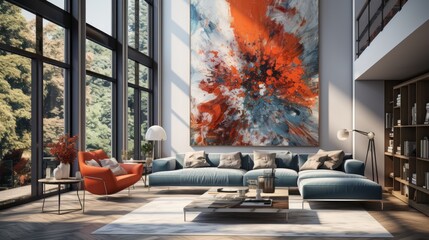 Interior of modern eclectic open space living area in luxury cottage. Comfortable cushioned furniture, coffee table, large abstract painting on the wall, panoramic windows. Contemporary home decor.