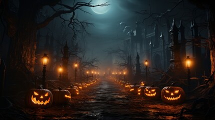 Dark tones Halloween composition in sinister cemetery alley under moonlight. Spooky pumpkin jack-o-lanterns, burning candles, gnarled bare trees, night fog. Halloween celebration concept.