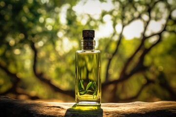 Fototapeta na wymiar olive oil bottle on a tree branch, blurry background