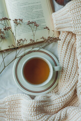 Home decor. Book, knitted blanket, cup of hot tea. Cozy autumn.