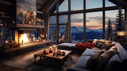 Cozy living room in modern minimalist chalet with Christmas decor. Blazing fireplace, burning candles, elegant Christmas tree, comfortable cushioned furniture, panoramic window with mountains view.