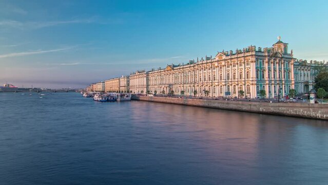 Winter Palace and Pier on Palace Waterfront Timelapse Hyperlapse, Saint Petersburg, on a Clear Summer Day. Sunset View from Palace Bridge Enhances the Splendor of the Scene