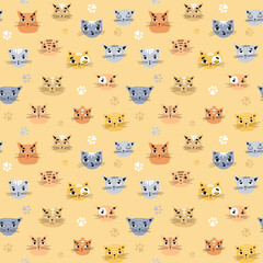Vector seamless children's pattern with cat faces on a beige background. Suitable for baby prints, baby room decor, wallpapers, wrapping paper, stationery, scrapbooking, etc.